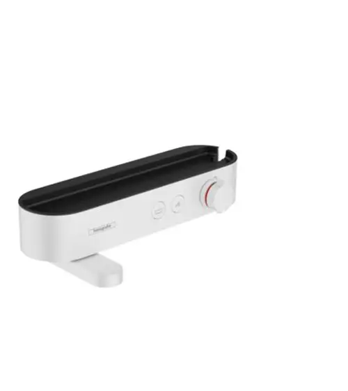 Weißes Wandthermostat von Hansgrohe mit bedruckten Tasten und einem Drehregler zur Temperaturregelung, in schmalem, modernem Design.